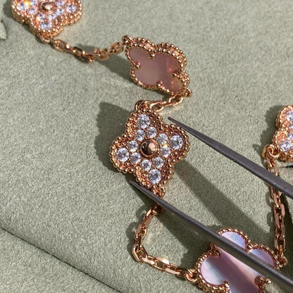 [CharmAmor]CLOVER 10 MOTIFS DIAMOND PINK MOP NECKLACE