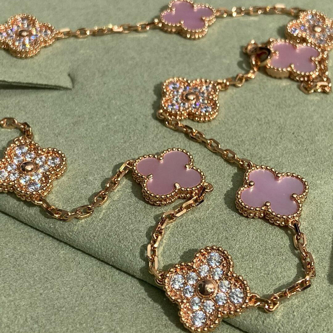 [CharmAmor]CLOVER 10 MOTIFS DIAMOND PINK MOP NECKLACE