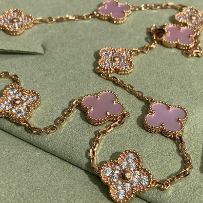 [CharmAmor]CLOVER 10 MOTIFS DIAMOND PINK MOP NECKLACE