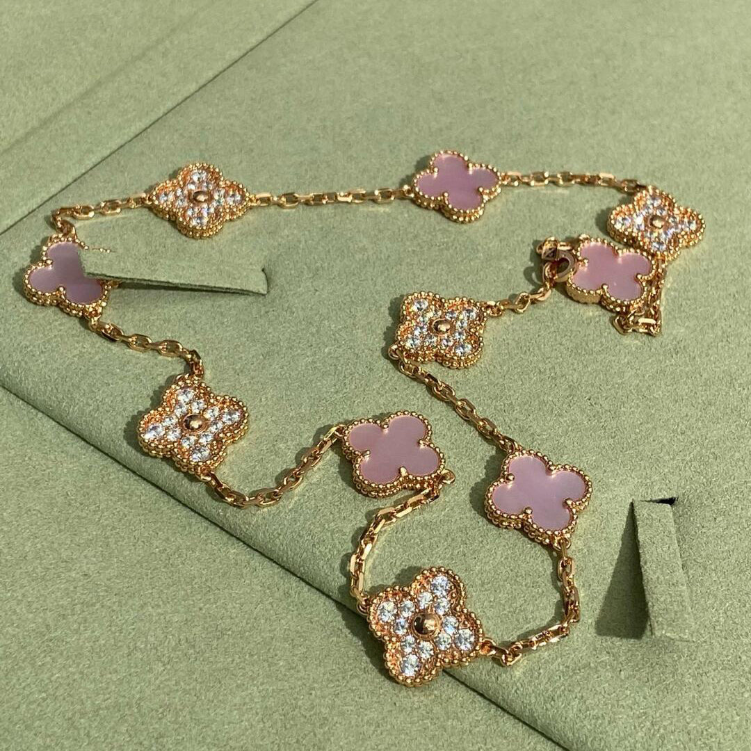 [CharmAmor]CLOVER 10 MOTIFS DIAMOND PINK MOP NECKLACE