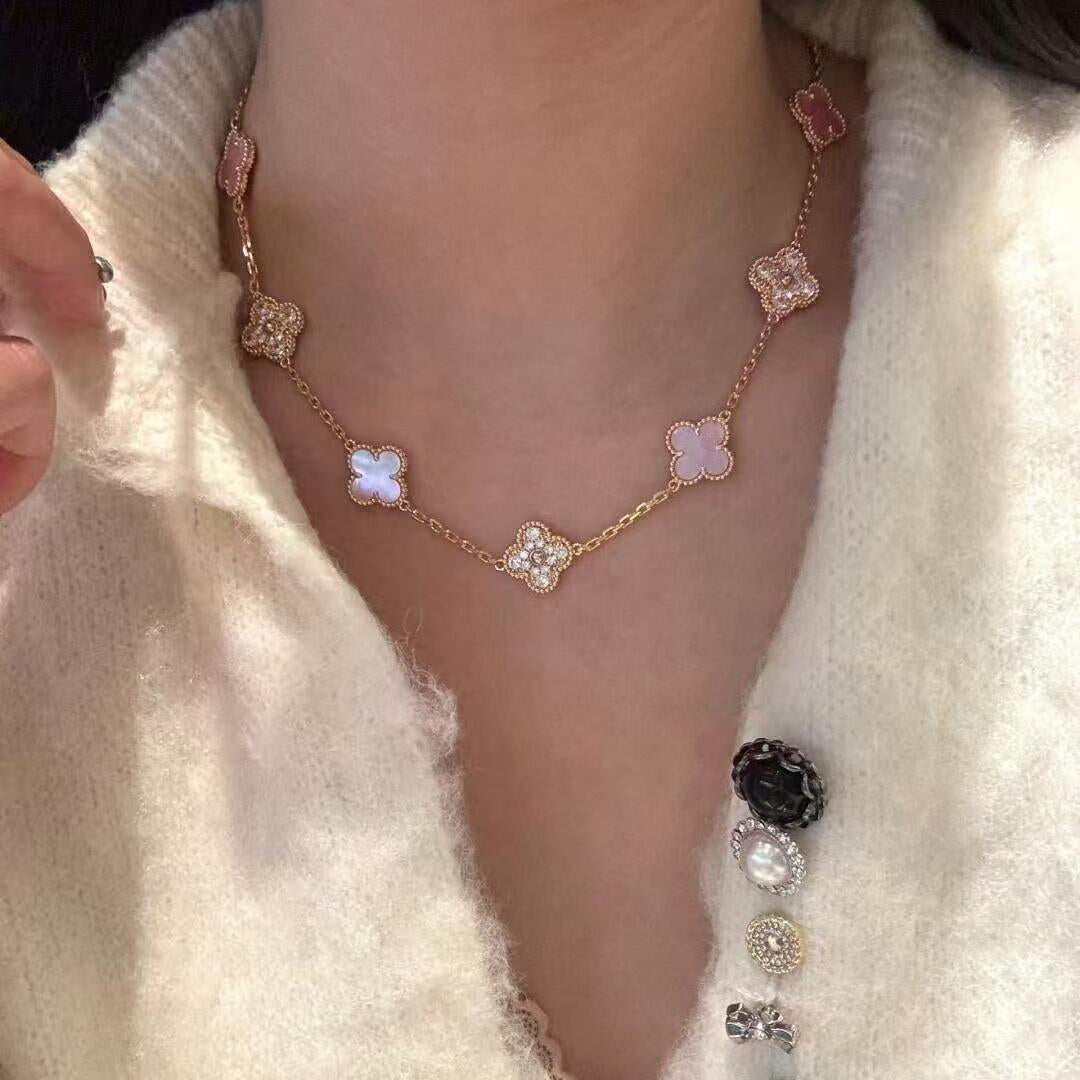 [CharmAmor]CLOVER 10 MOTIFS DIAMOND PINK MOP NECKLACE