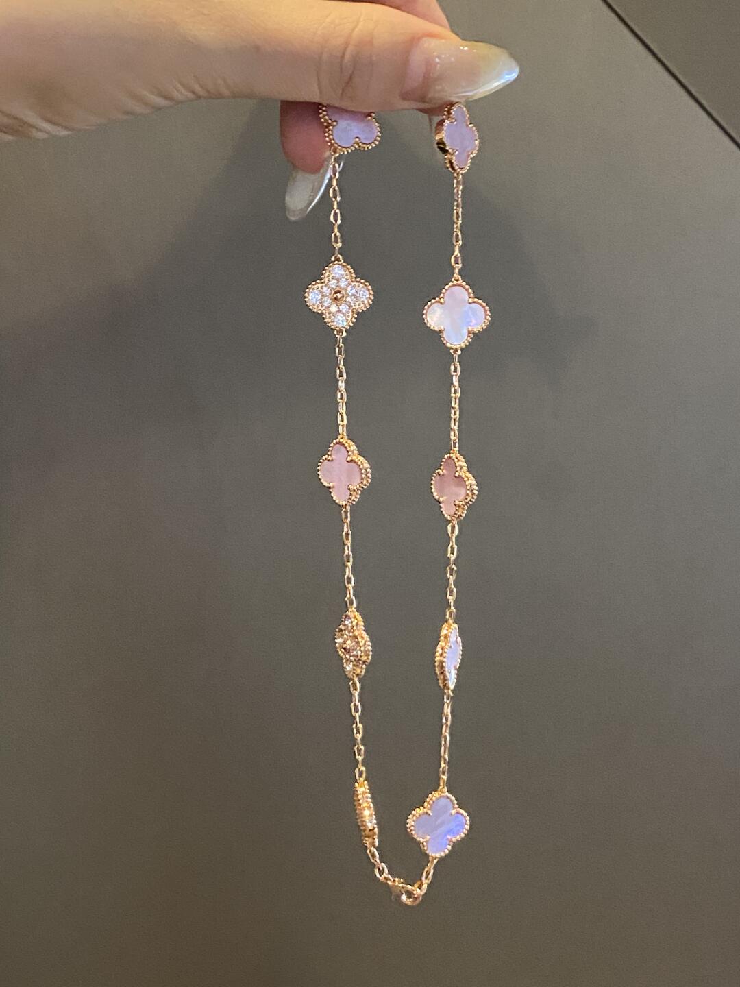 [CharmAmor]CLOVER 10 MOTIFS DIAMOND PINK MOP NECKLACE