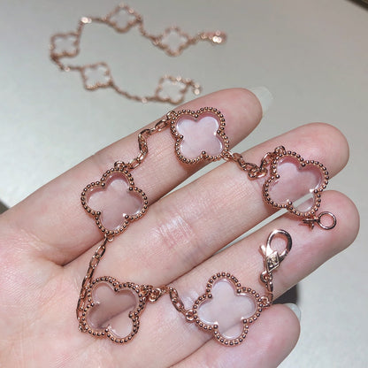 [CharmAmor]CLOVER 5 MOTIF ROCK CRYSTAL PINK GOLD BRACELET