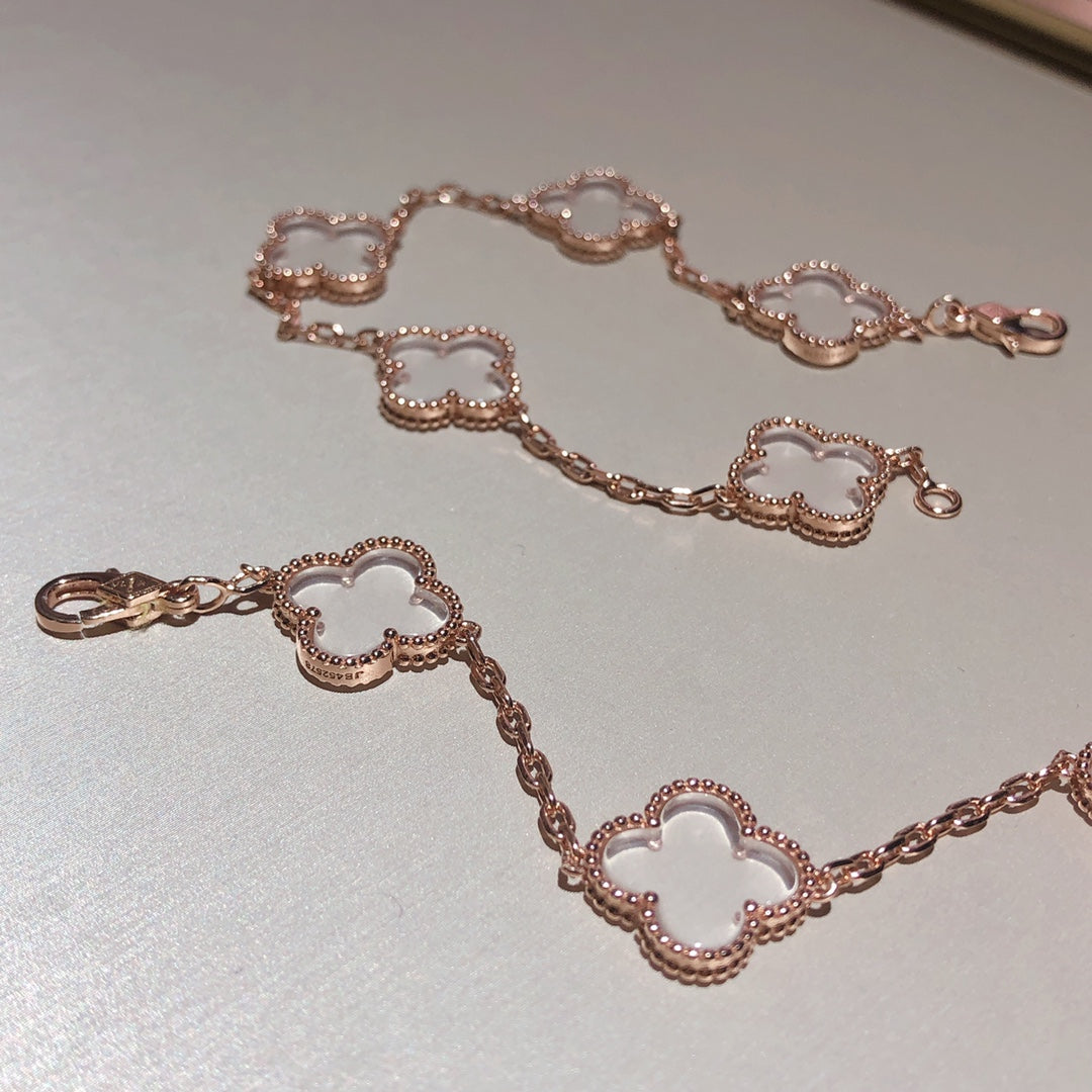 [CharmAmor]CLOVER 5 MOTIF ROCK CRYSTAL PINK GOLD BRACELET