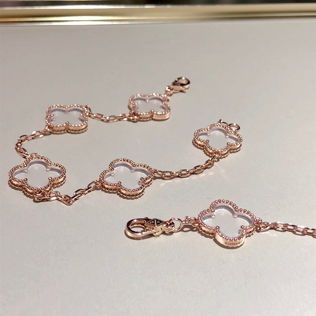 [CharmAmor]CLOVER 5 MOTIF ROCK CRYSTAL PINK GOLD BRACELET