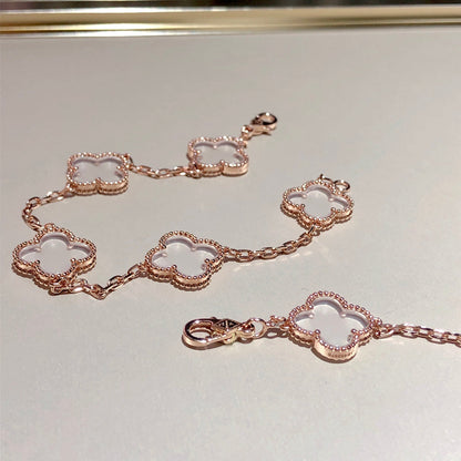 [CharmAmor]CLOVER 5 MOTIF ROCK CRYSTAL PINK GOLD BRACELET