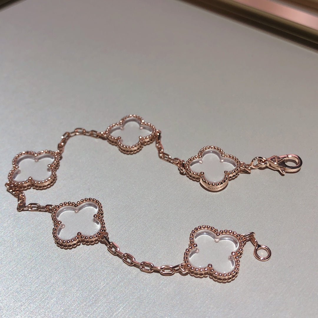[CharmAmor]CLOVER 5 MOTIF ROCK CRYSTAL PINK GOLD BRACELET