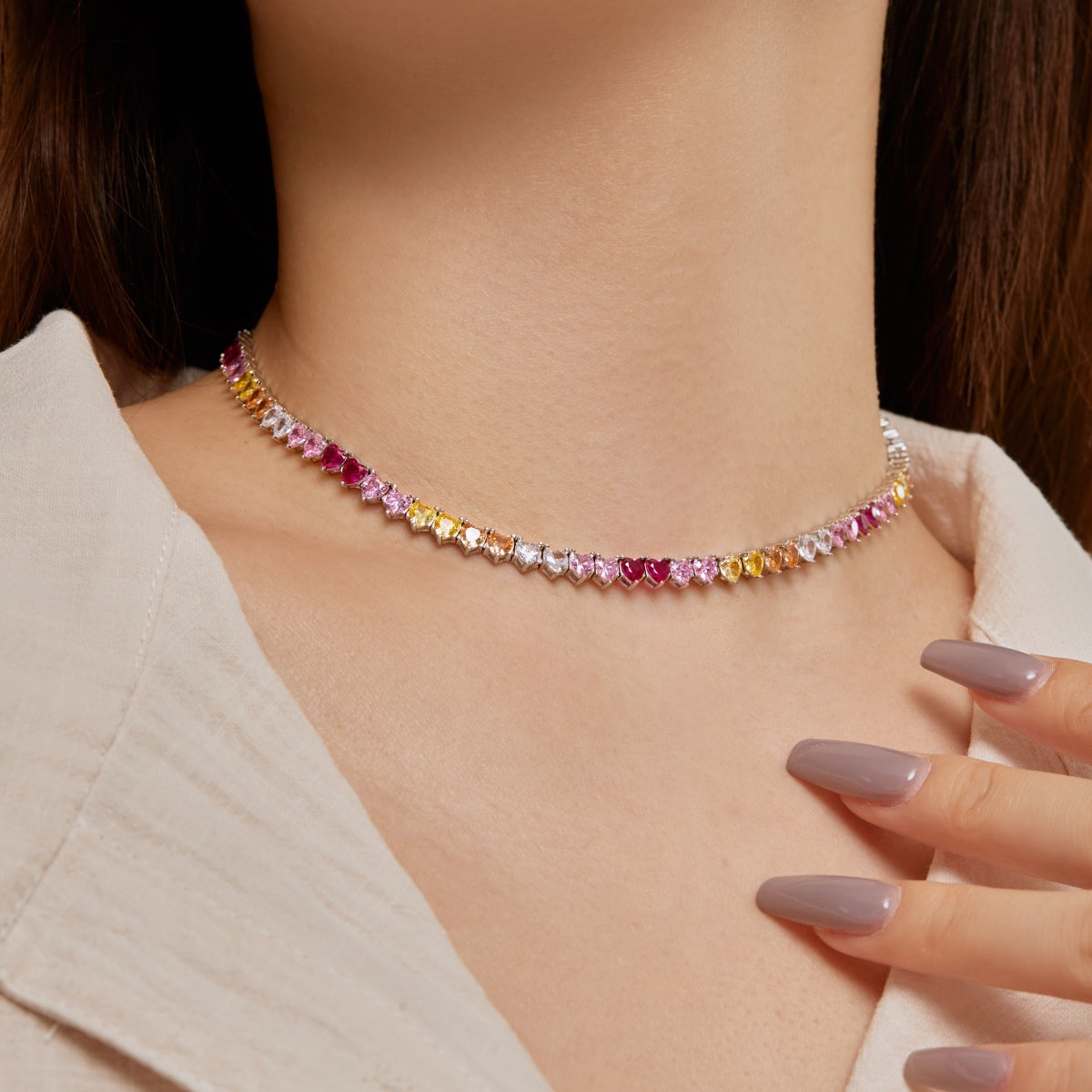 [CharmAmor]Sparkling Colorful Full Heart Tennis Necklace