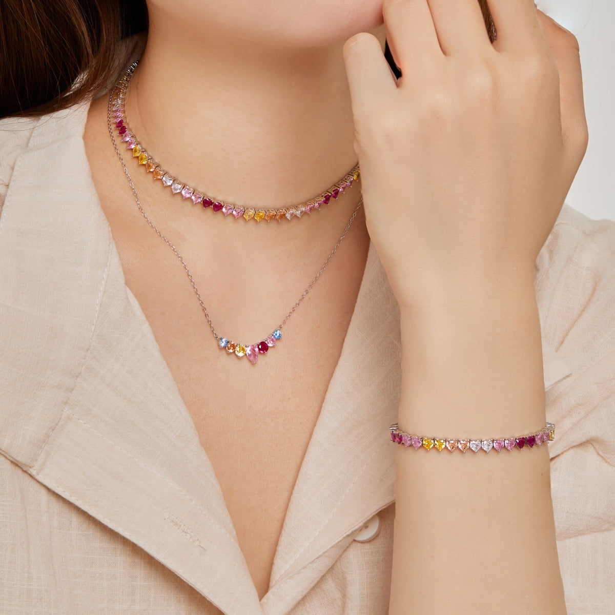 [CharmAmor]Sparkling Colorful Full Heart Tennis Necklace