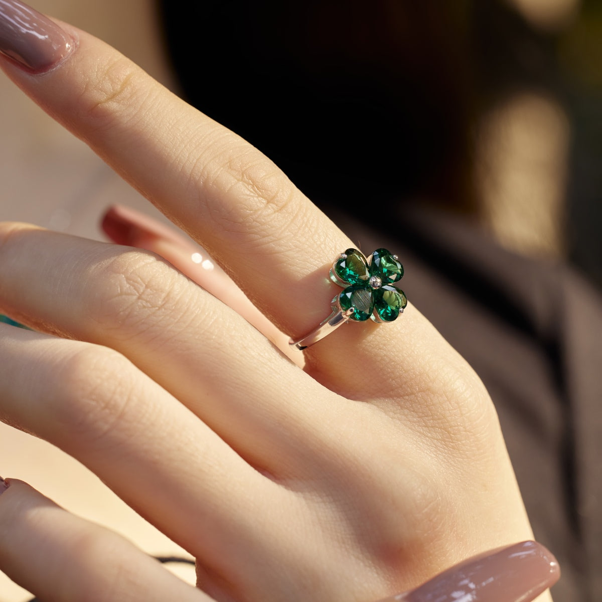 [CharmAmor]Heart-shaped Four-Leaf Clover Ball Ring