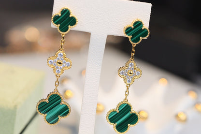[CharmAmor]CLOVER EARRINGS GOLD MALACHITE DIAMOND 3 MOTIF