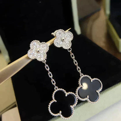 [CharmAmor]CLOVER 2 MOTIFS  DIAMOND ONYX EARRINGS SILVER