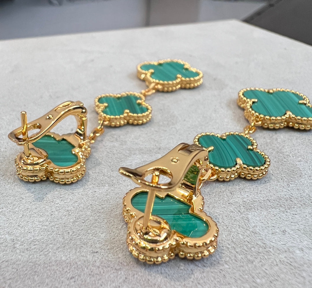 [CharmAmor]CLOVER MALACHITE 3 MOTIFS GOLD
