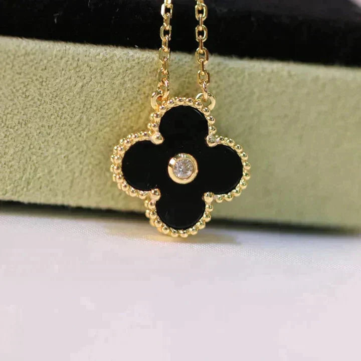[CharmAmor]CLOVER 15MM DIAMOND ONYX NECKLACE