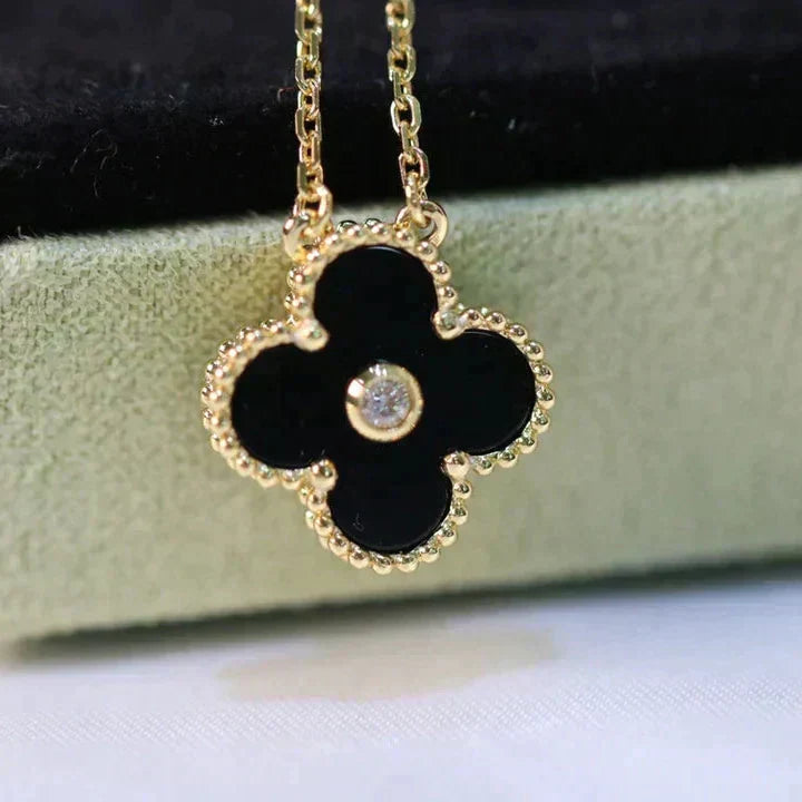 [CharmAmor]CLOVER 15MM DIAMOND ONYX NECKLACE