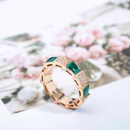 [CharmAmor]SERPENTI RING PINK GOLD MALACHITE DIAMOND PAVED 4MM