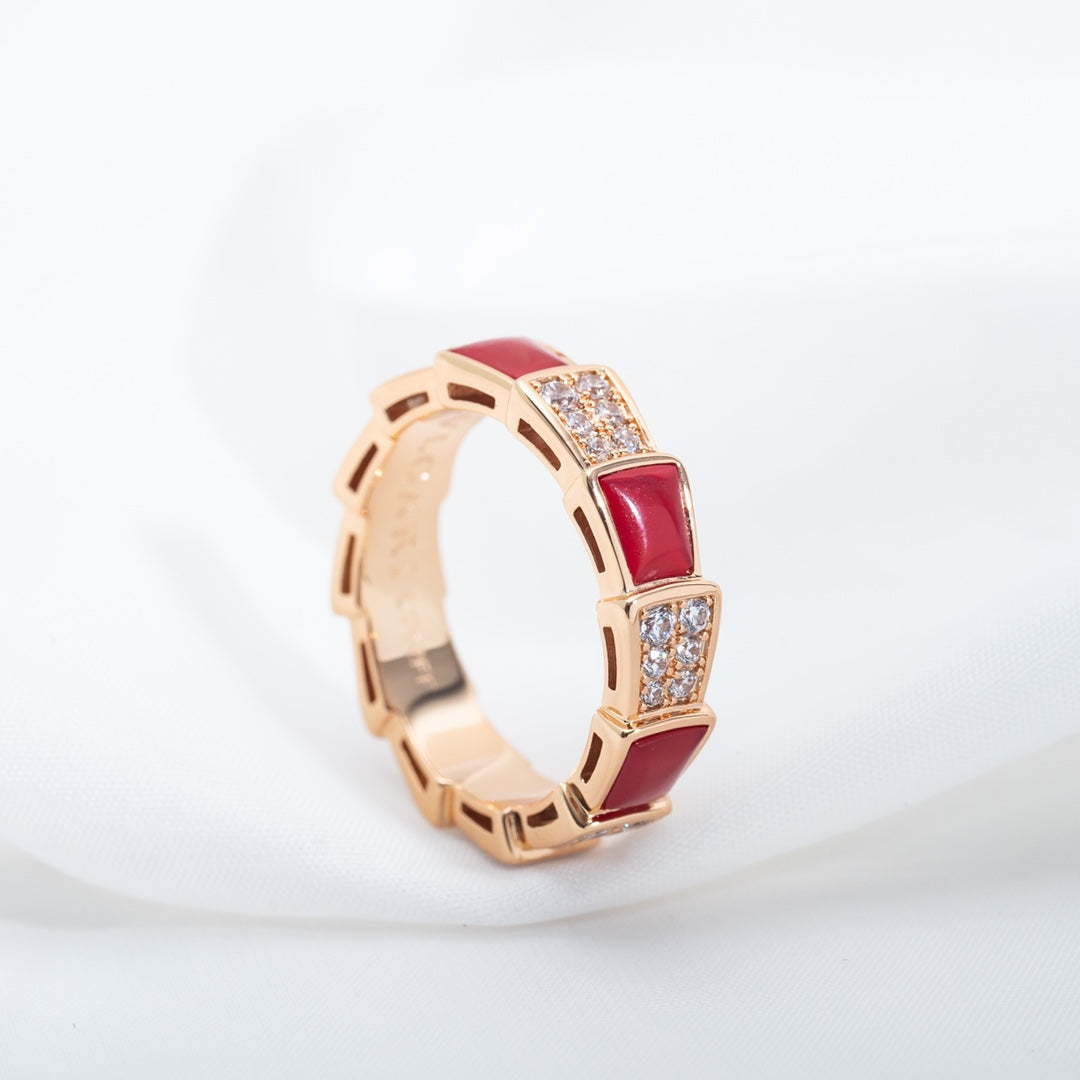 [CharmAmor]SERPENTI RING PINK GOLD CARNELIAN DIAMOND PAVED 4MM