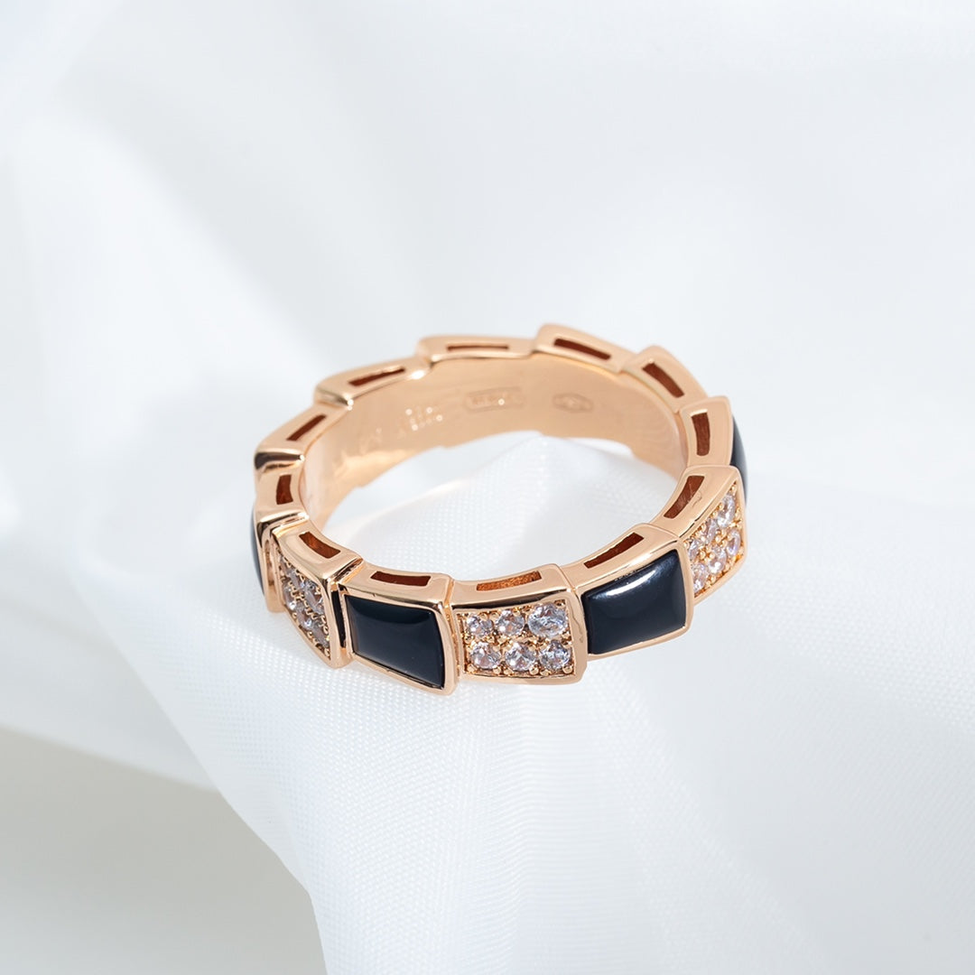 [CharmAmor]SERPENTI RING PINK GOLD BLACK MOP DIAMOND PAVED 4MM