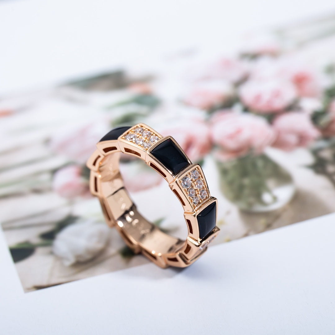 [CharmAmor]SERPENTI RING PINK GOLD BLACK MOP DIAMOND PAVED 4MM