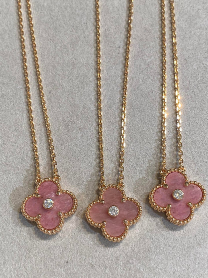 [CharmAmor]CLOVER 15MM DIAMOND RHODONITE NECKLACE