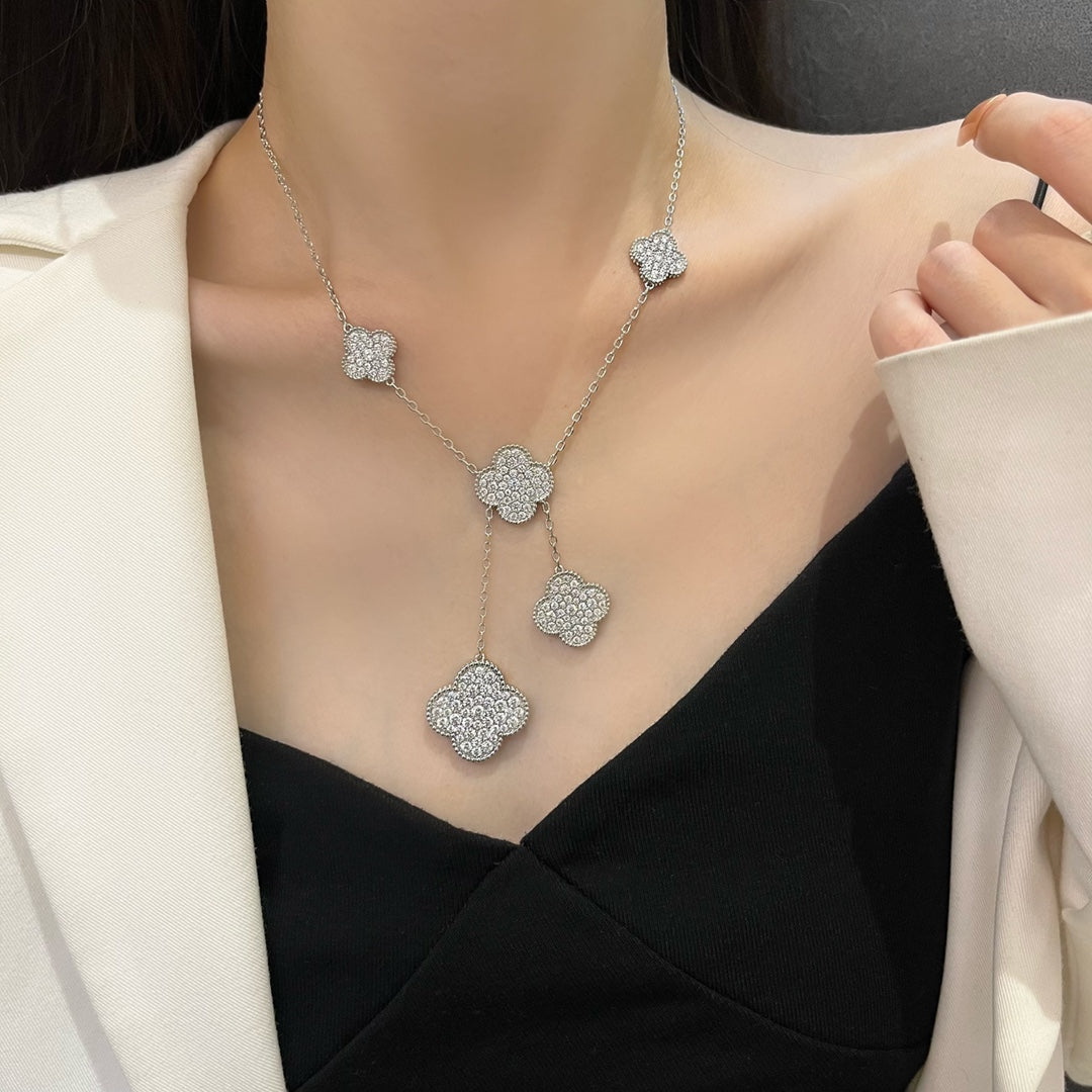[CharmAmor]CLOVER 5 MOTIFS SILVER DIAMONDS NECKLACE
