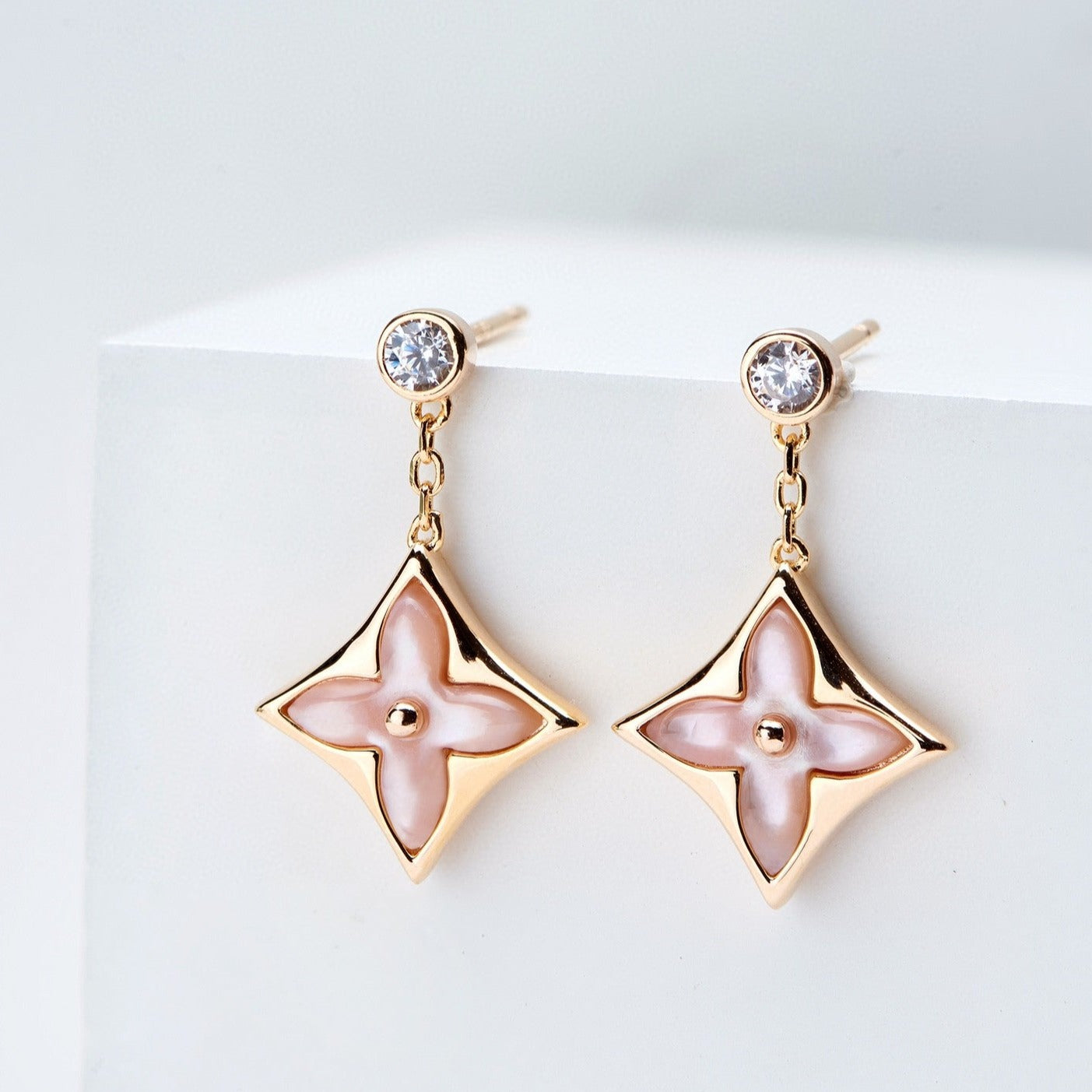[CharmAmor]DOUBLE STAR PINK GOLD MOP DROP EARRINGS