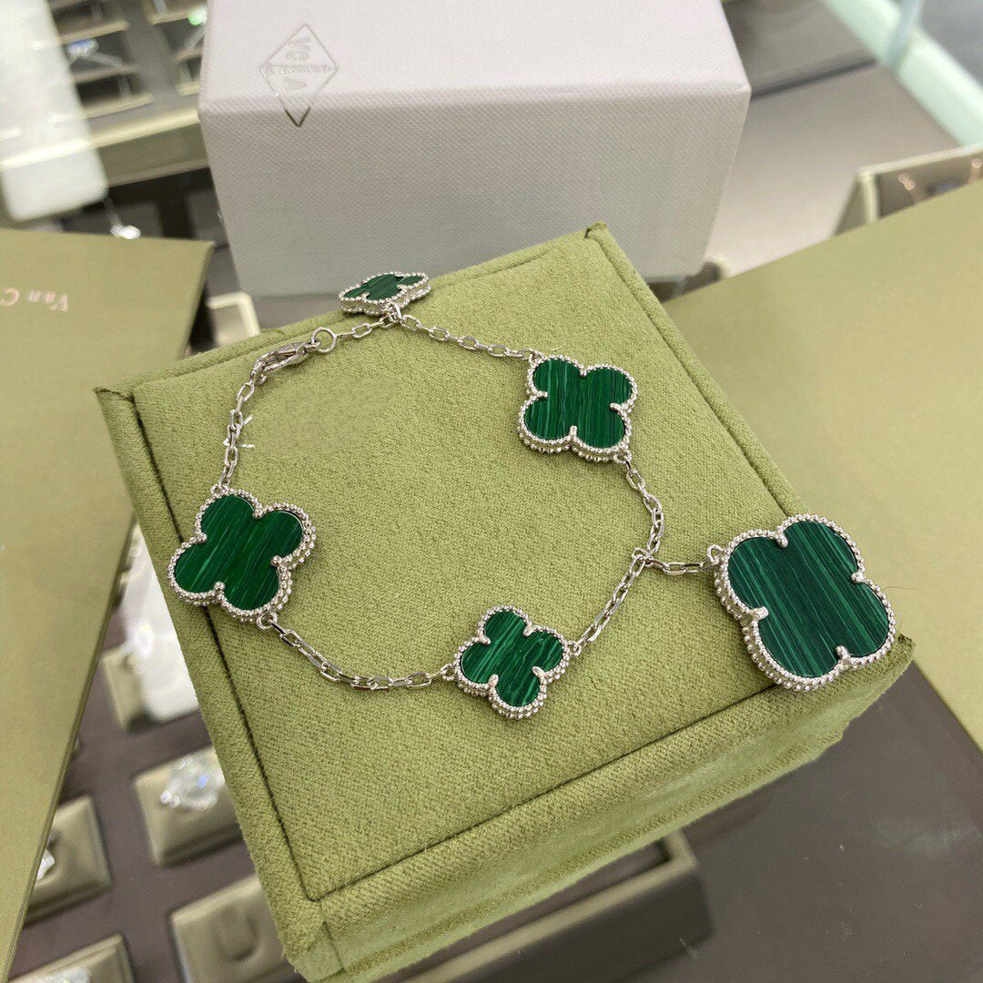 [CharmAmor]CLOVER 5 MOTIFS SIVLER MALACHITE BRACELET