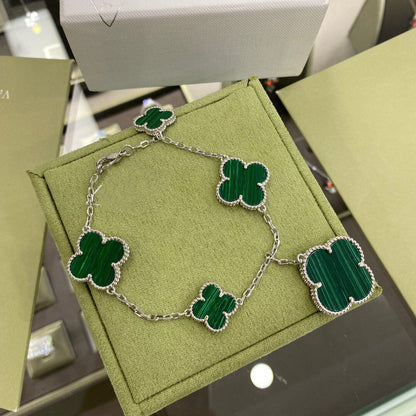 [CharmAmor]CLOVER 5 MOTIFS SIVLER MALACHITE BRACELET