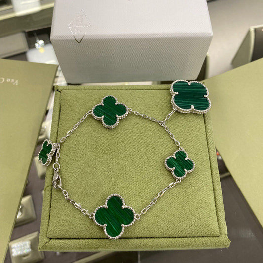 [CharmAmor]CLOVER 5 MOTIFS SIVLER MALACHITE BRACELET