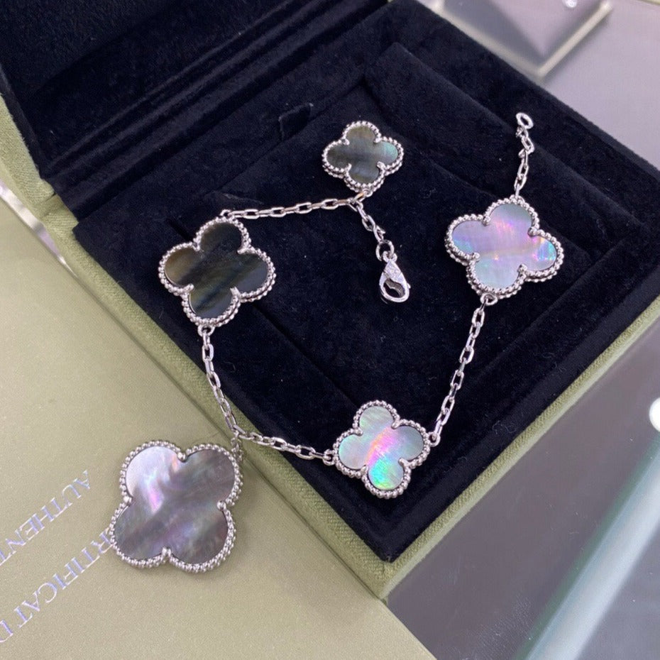 [CharmAmor]CLOVER 5 MOTIFS SIVLER DARK MOP BRACELET