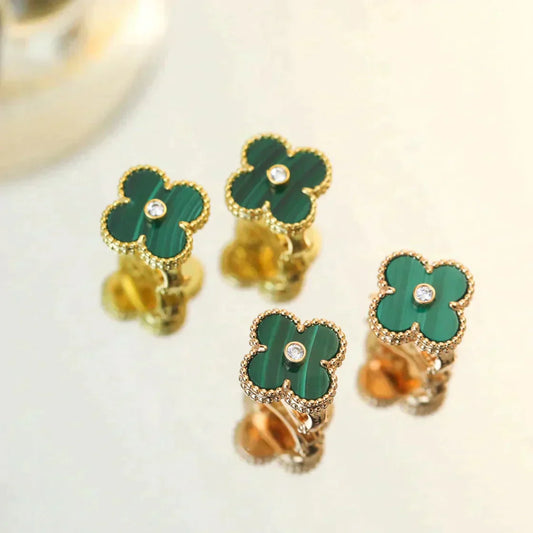 [CharmAmor]CLOVER MEDIUM 1 MOTIFS MALACHITE DIAMOND EARRINGS
