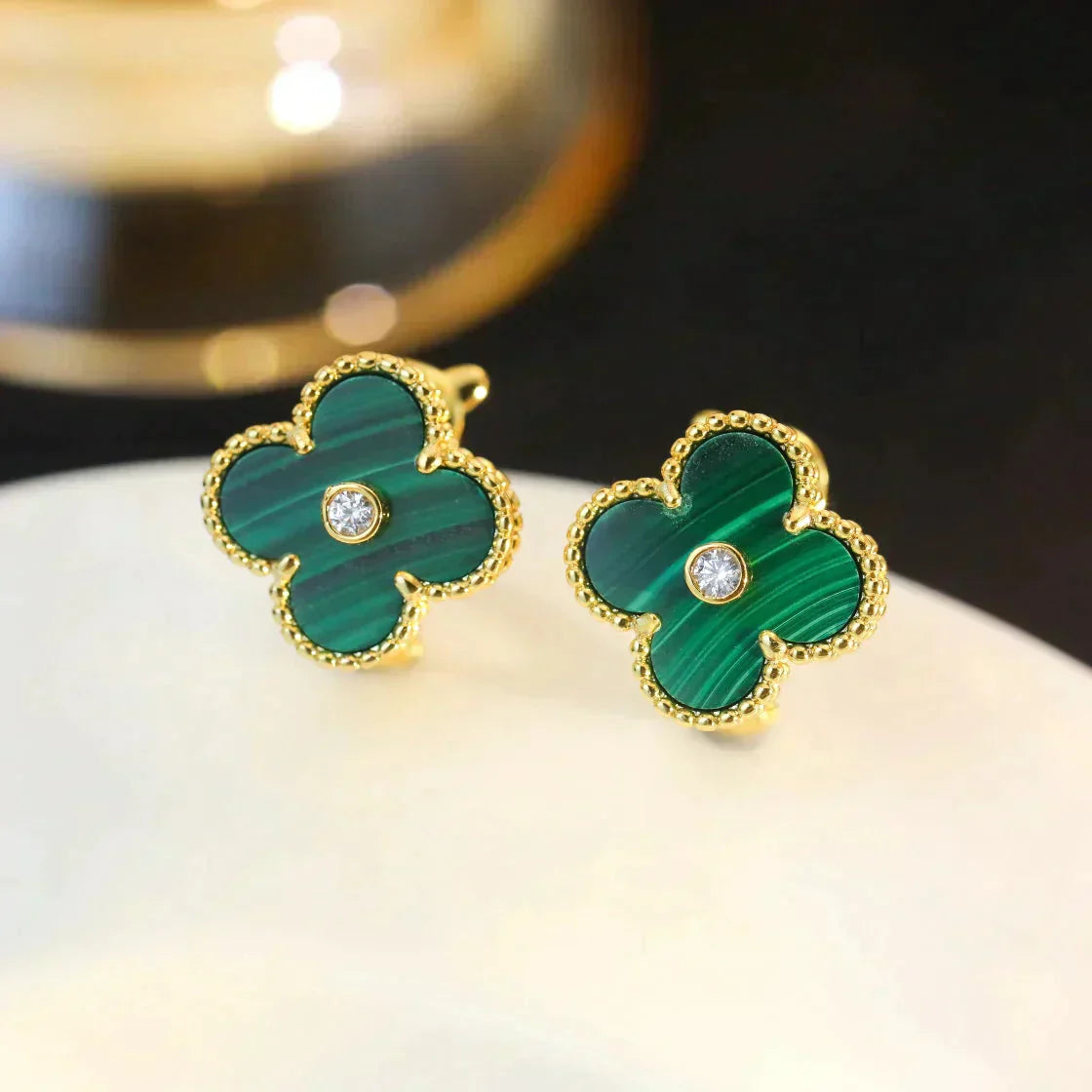 [CharmAmor]CLOVER MEDIUM 1 MOTIFS MALACHITE DIAMOND EARRINGS