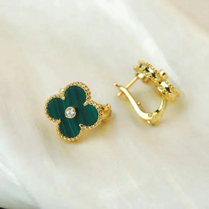[CharmAmor]CLOVER MEDIUM 1 MOTIFS MALACHITE DIAMOND EARRINGS