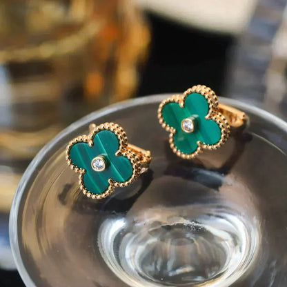 [CharmAmor]CLOVER MEDIUM 1 MOTIFS MALACHITE DIAMOND EARRINGS