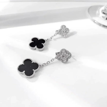 [CharmAmor]CLOVER 2 MOTIFS  DIAMOND ONYX EARRINGS SILVER