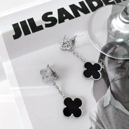 [CharmAmor]CLOVER 2 MOTIFS  DIAMOND ONYX EARRINGS SILVER