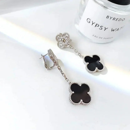 [CharmAmor]CLOVER 2 MOTIFS  DIAMOND ONYX EARRINGS SILVER