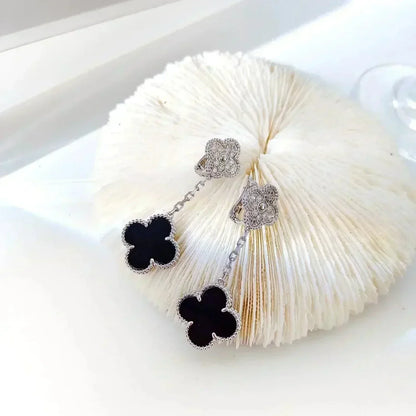[CharmAmor]CLOVER 2 MOTIFS  DIAMOND ONYX EARRINGS SILVER
