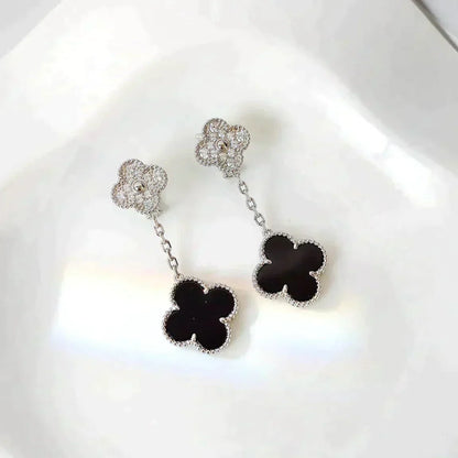 [CharmAmor]CLOVER 2 MOTIFS  DIAMOND ONYX EARRINGS SILVER