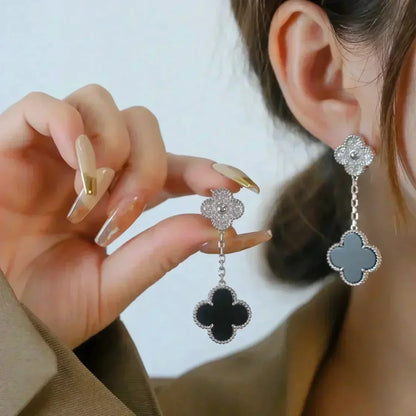 [CharmAmor]CLOVER 2 MOTIFS  DIAMOND ONYX EARRINGS SILVER