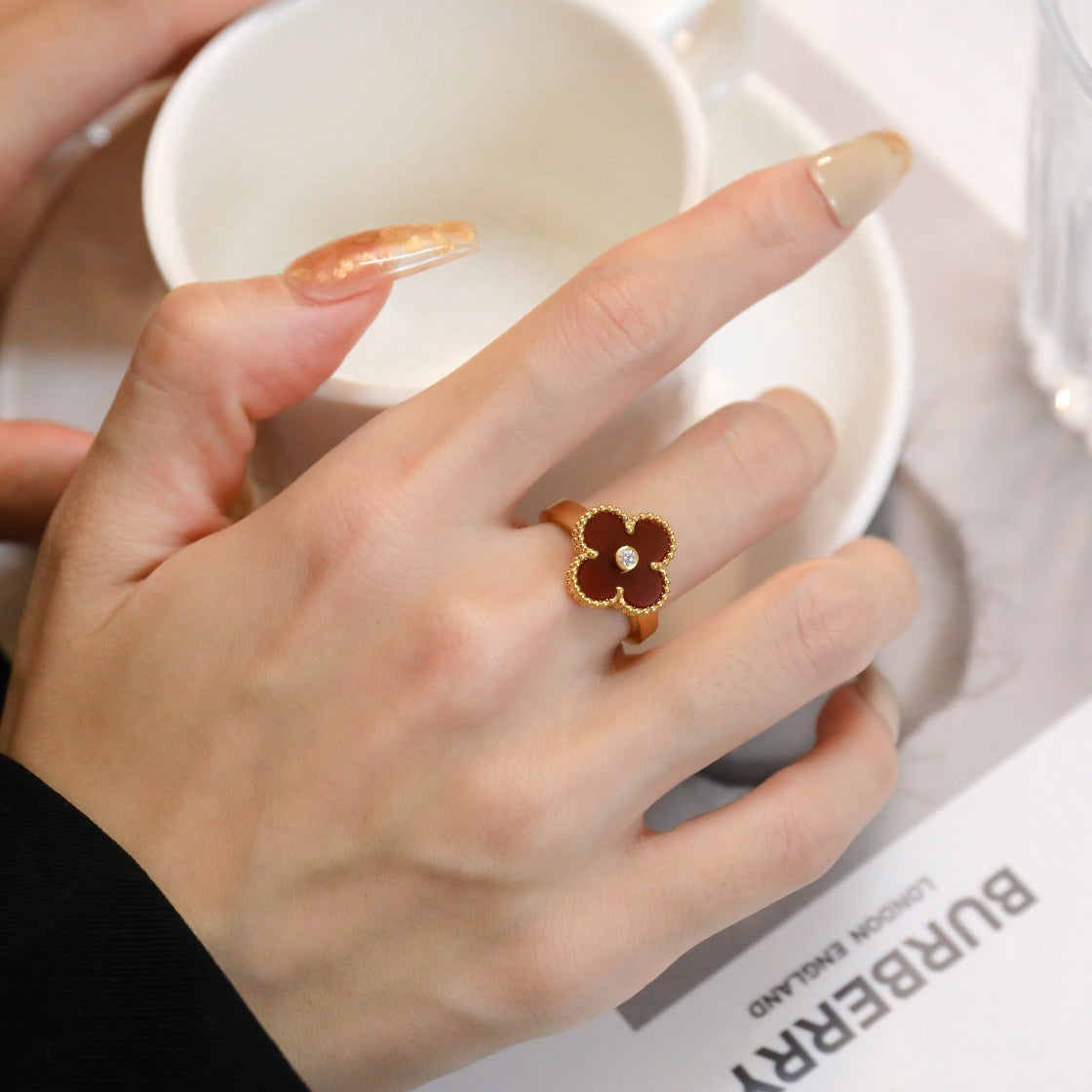 [CharmAmor]CLOVER CARNELIAN RING ROSE GOLD DIAMOND