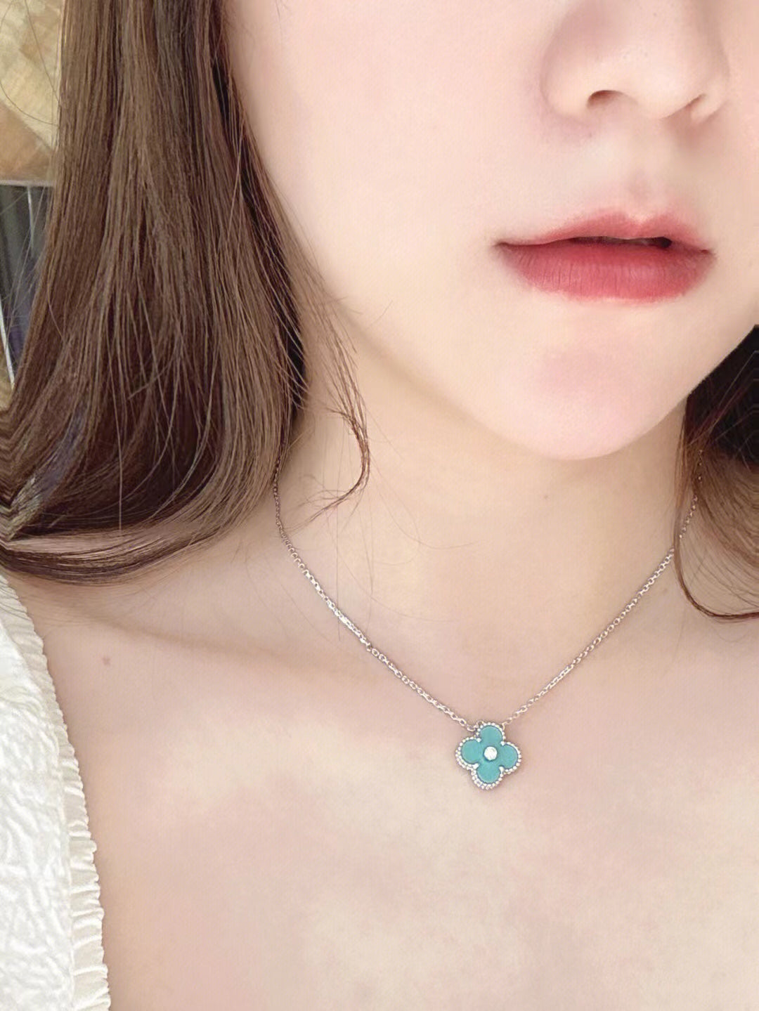 [CharmAmor]CLOVER 1 DIAMOND LIGHT BLUE SILVER NECKLACE