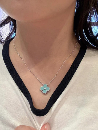 [CharmAmor]CLOVER 1 DIAMOND LIGHT BLUE SILVER NECKLACE