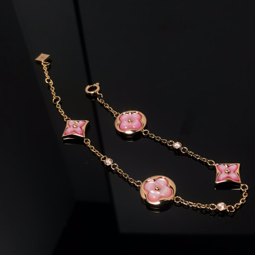 [CharmAmor]STAR AND SUN 4 MOTIF PINK MOP PINK GOLD BRACELET