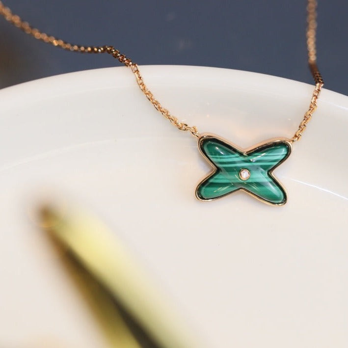 [CharmAmor]JEUX MALACHITE 1 DIAMOND PINK GOLD NECKLACE