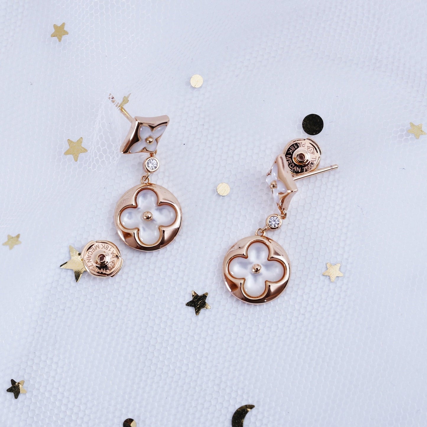 [CharmAmor]STAR AND SUN PINK GOLD MOP DROP EARRINGS