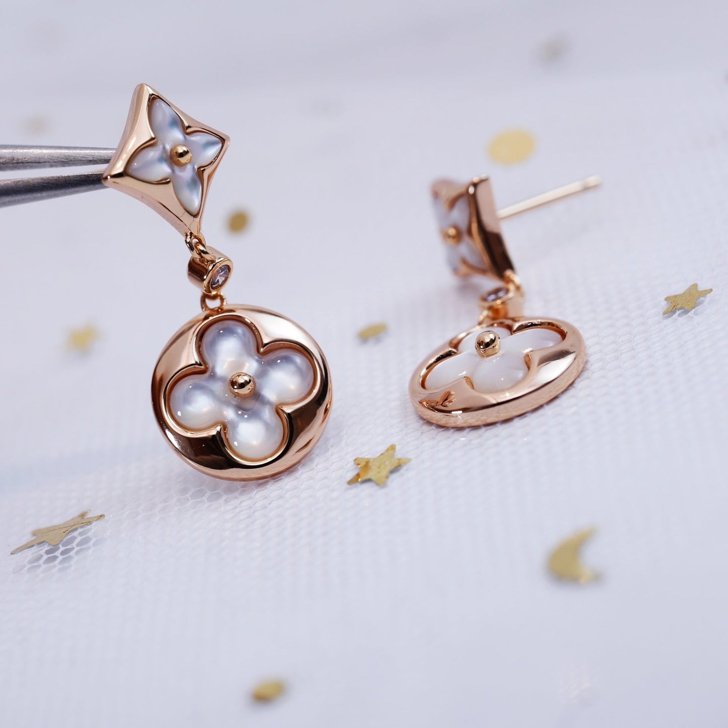 [CharmAmor]STAR AND SUN PINK GOLD MOP DROP EARRINGS