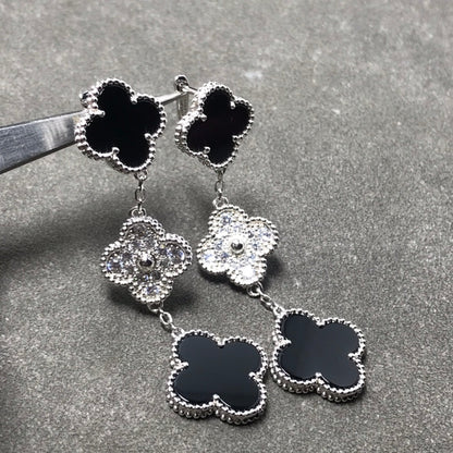[CharmAmor]CLOVER 3 MOTIF DIAMOND ONYX SILVER EARRINGS