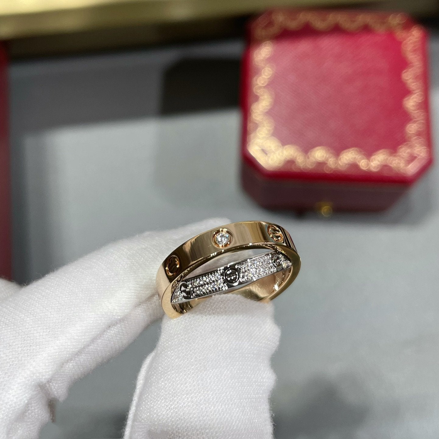 [CharmAmor]LOVE PINK GOLD SILVER DIAMOND DOUBLE RING