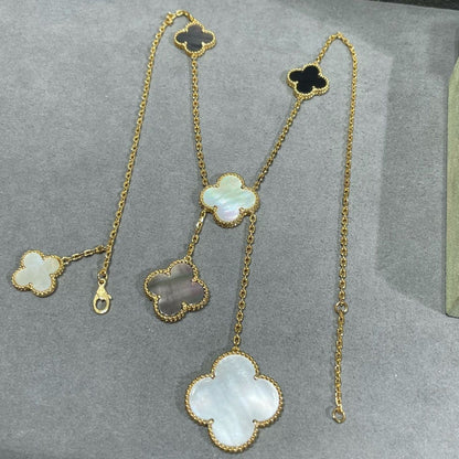 [CharmAmor]CLOVER 6 MOTIF MOP ONYX GOLD NECKLACE